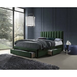 Dvoulůžková postel GRACE –⁠ 160x200, dřevo/látka, tmavě zelená